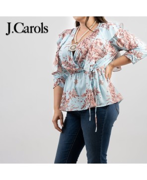 Elegant Plus Size Floral Print Wrap Blouse