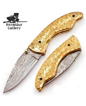 Custom Damascus Folding Knife - Brass Bolsters