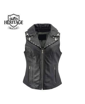 'Dita' Black Leather Vest with Riveted M/C Lapel Collar - Heritage Bik