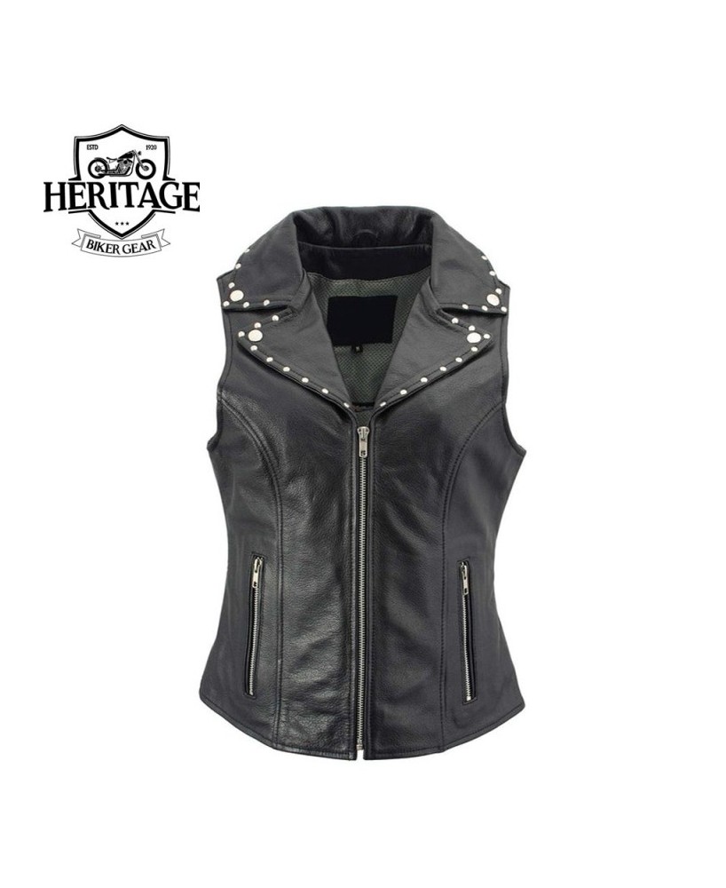 'Dita' Black Leather Vest with Riveted M/C Lapel Collar - Heritage Bik