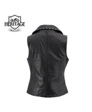 'Dita' Black Leather Vest with Riveted M/C Lapel Collar - Heritage Bik