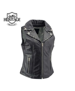 'Dita' Black Leather Vest with Riveted M/C Lapel Collar - Heritage Bik