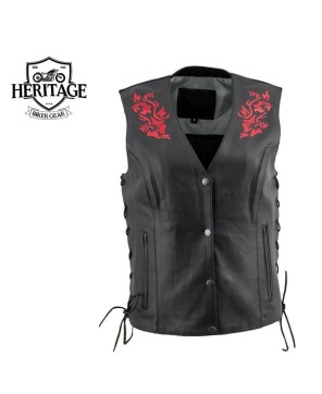 Women's Black and Red Leather Vest with Side Lace Adjustment