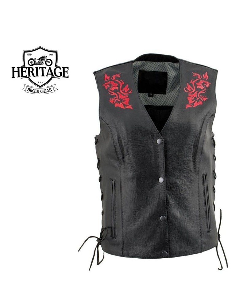 Women's Black and Red Leather Vest with Side Lace Adjustment