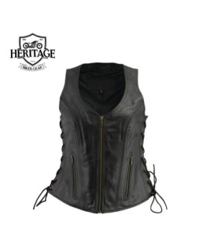 Ladies Black Leather Side Lace Zipper Front Vest