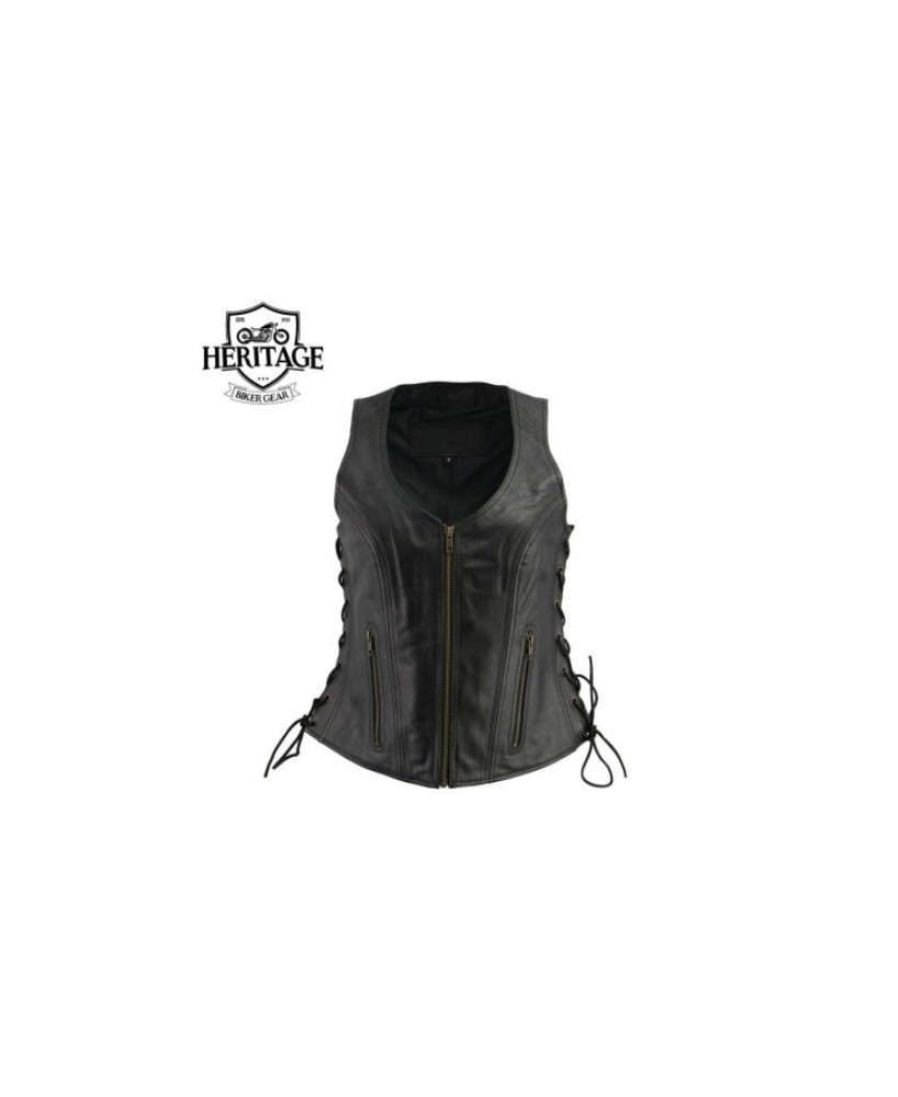 Ladies Black Leather Side Lace Zipper Front Vest