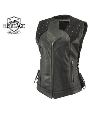 Black Studded Leather Vest with Reflective Wings - Heritage Bike Gear