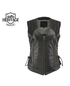 Black Studded Leather Vest with Reflective Wings - Heritage Bike Gear