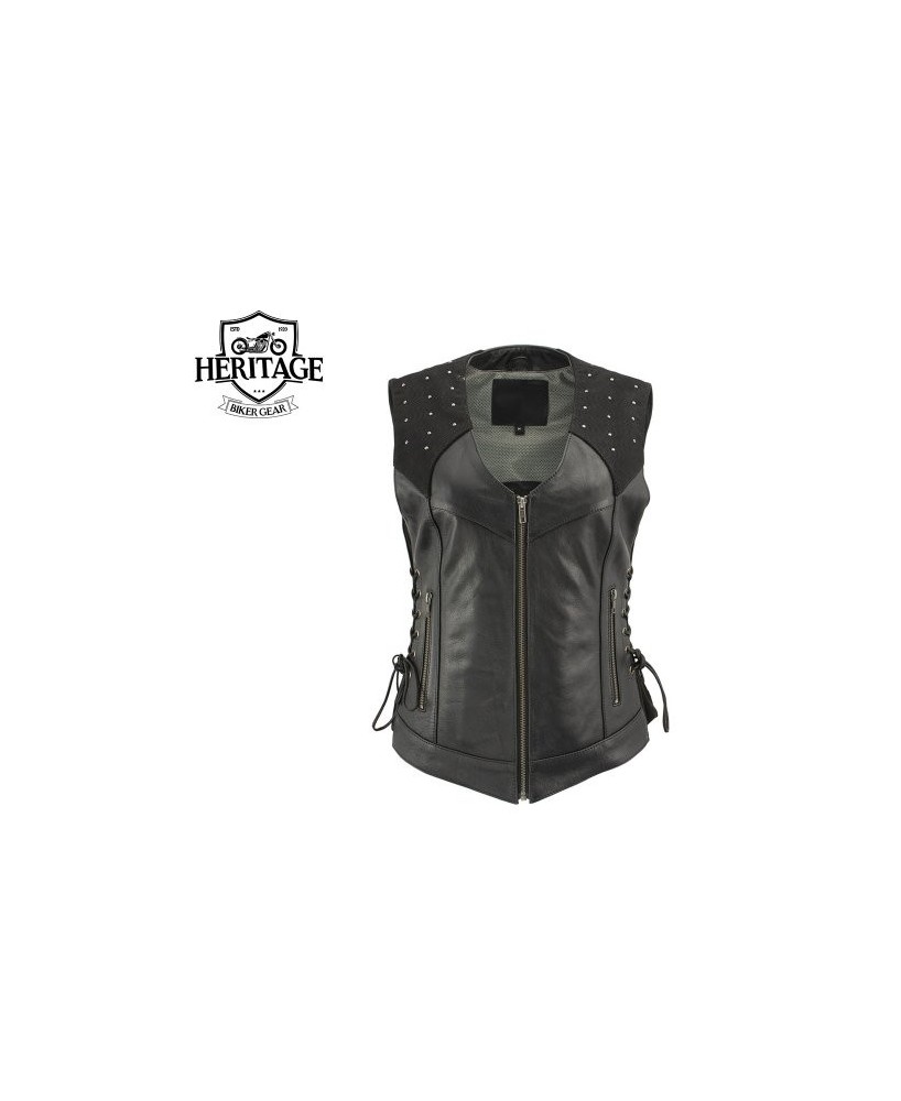 Black Studded Leather Vest with Reflective Wings - Heritage Bike Gear