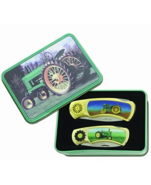 2 Pcs Green Tractor Knives in Tin