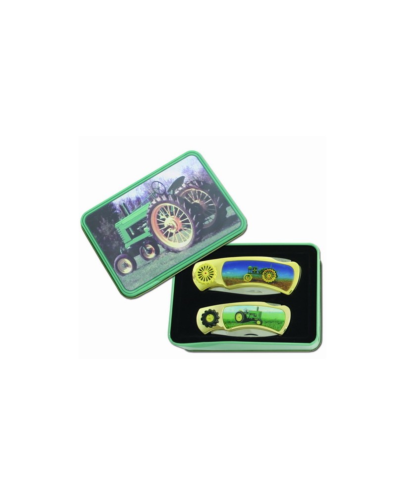 2 Pcs Green Tractor Knives in Tin