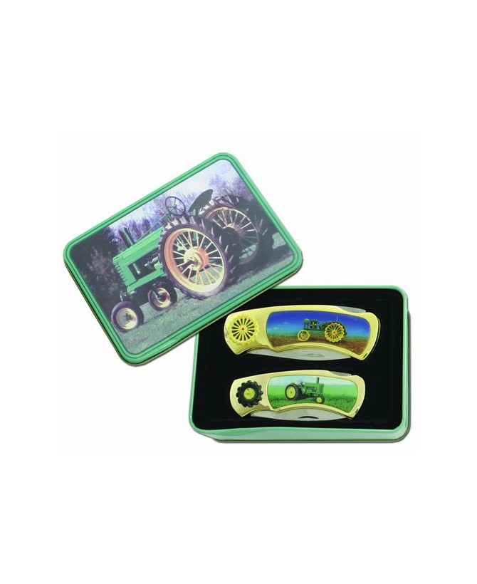 2 Pcs Green Tractor Knives in Tin