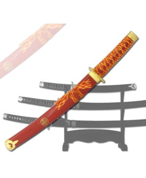 3-PC RED AND GOLD KATANA SWORD SET WITH STAND