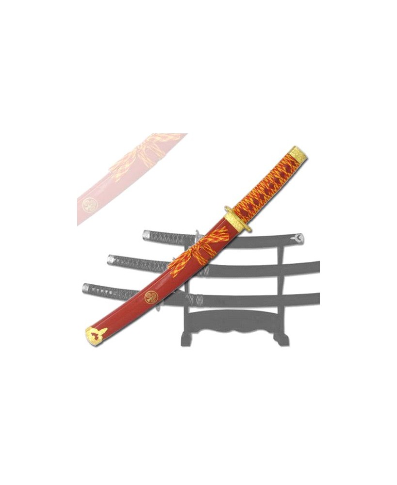 3-PC RED AND GOLD KATANA SWORD SET WITH STAND