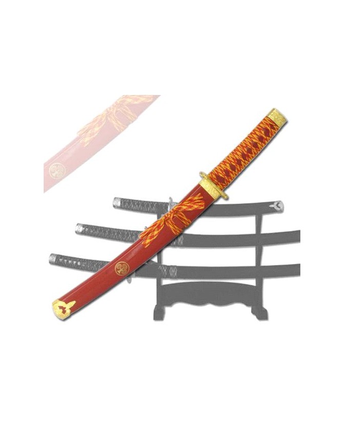 3-PC RED AND GOLD KATANA SWORD SET WITH STAND