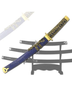 3-PC BLUE AND GOLD KATANA SWORD SET WITH STAND