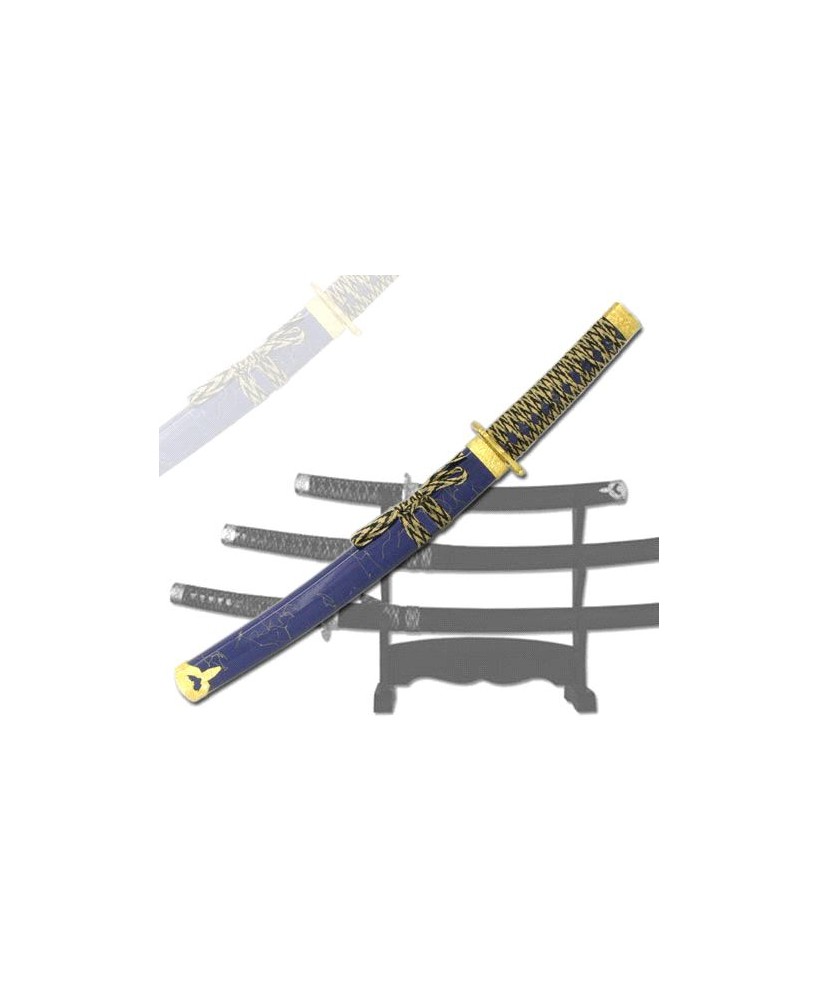 3-PC BLUE AND GOLD KATANA SWORD SET WITH STAND