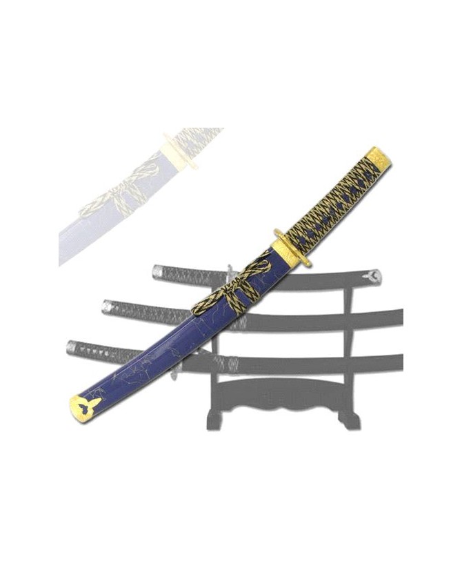 3-PC BLUE AND GOLD KATANA SWORD SET WITH STAND