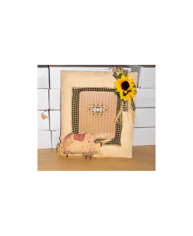 Rustic Country Photo Frame with Pig, Sunflower, and Flannel Bow