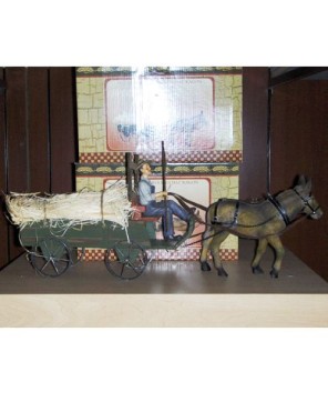 Old-Fashioned Wooden Hay Mule Wagon with Farmer Figurine Decor