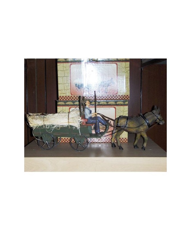 Old-Fashioned Wooden Hay Mule Wagon with Farmer Figurine Decor