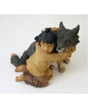 Native American Boy with Wolf Ceramic Statue - Western Decor