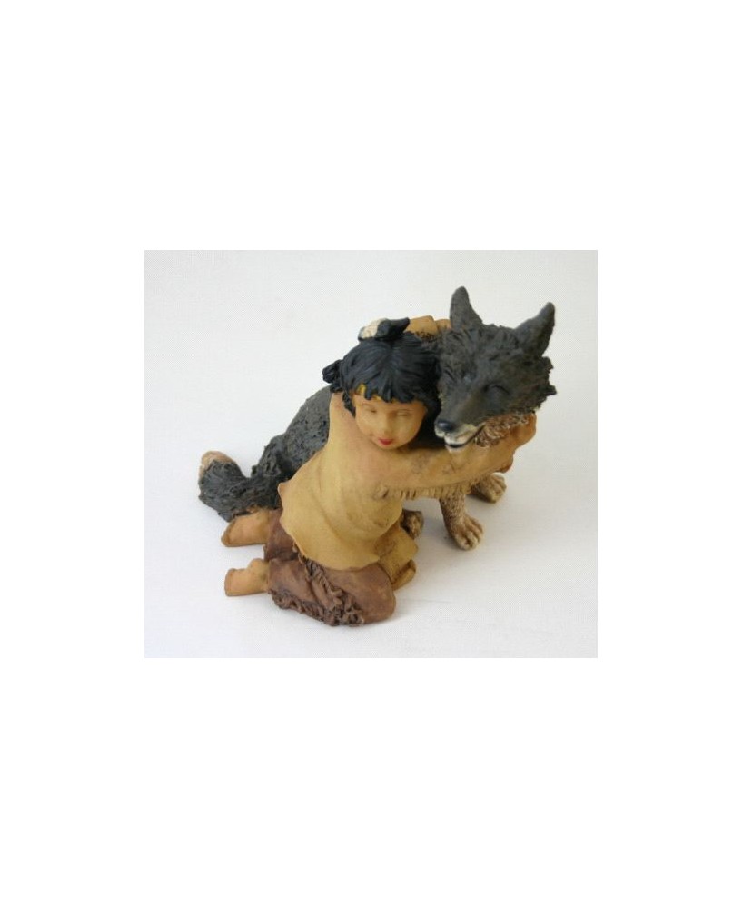 Native American Boy with Wolf Ceramic Statue - Western Decor