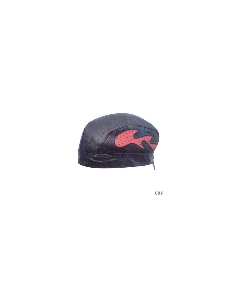 Vented Soft Leather Biker red flame Skull Cap