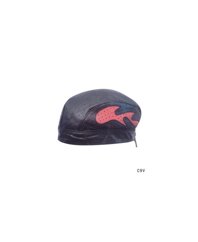 Vented Soft Leather Biker red flame Skull Cap