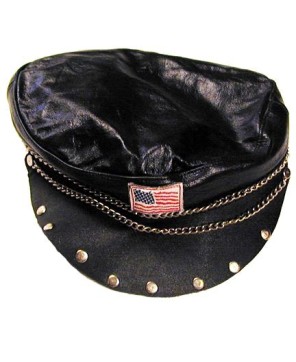 Genuine Leather Flag Chain Biker Cap