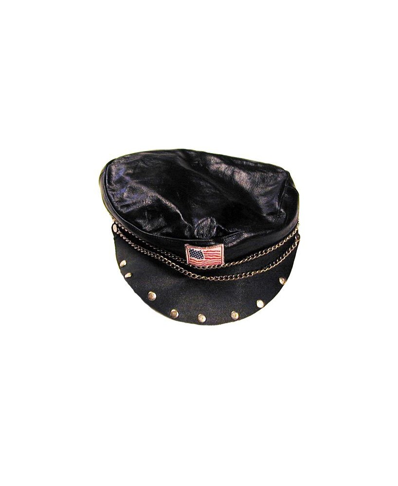 Genuine Leather Flag Chain Biker Cap