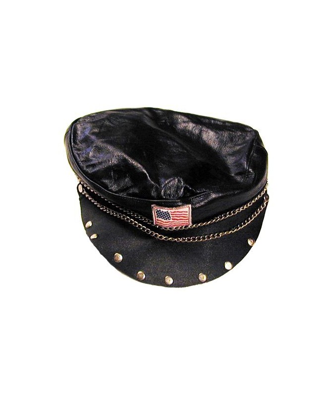 Genuine Leather Flag Chain Biker Cap