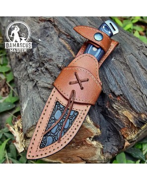 Handmade Damascus Steel Hunting Knife with Leather Sheath