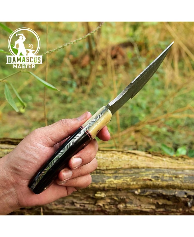 Handmade Damascus Steel Hunting Tracker Knife with Leather Sheath