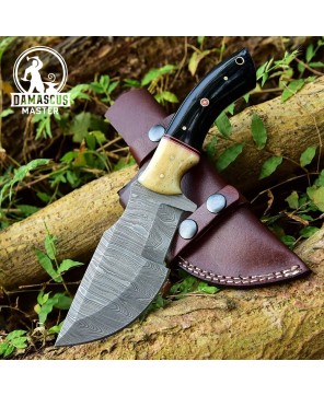 Handmade Damascus Steel Hunting Tracker Knife with Leather Sheath