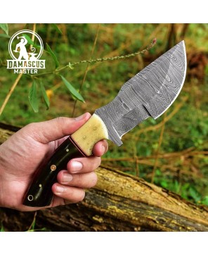 Handmade Damascus Steel Hunting Tracker Knife with Leather Sheath