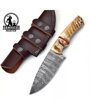 Hand-Forged Damascus Hunting Knife with Ram Horn Handle