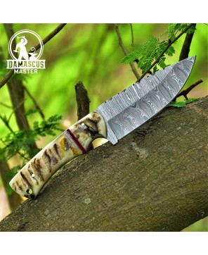 Hand-Forged Damascus Hunting Knife with Ram Horn Handle