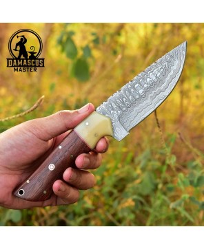 Handmade Damascus Steel Hunting Knife | Bone & Rosewood Handle