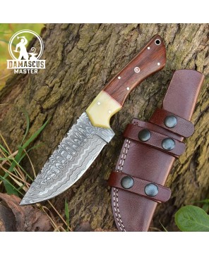 Handmade Damascus Steel Hunting Knife | Bone & Rosewood Handle