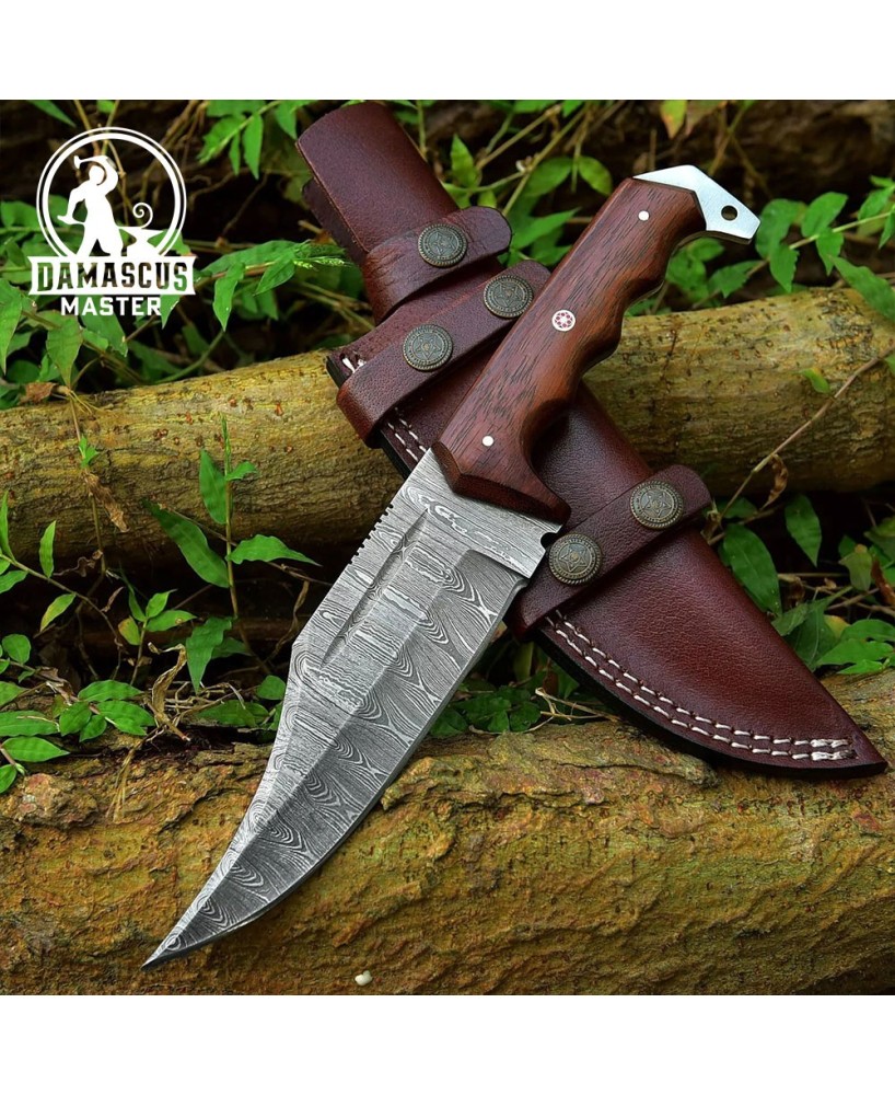 Damascus Blade Hunting Survival Knife, Rosewood Handle