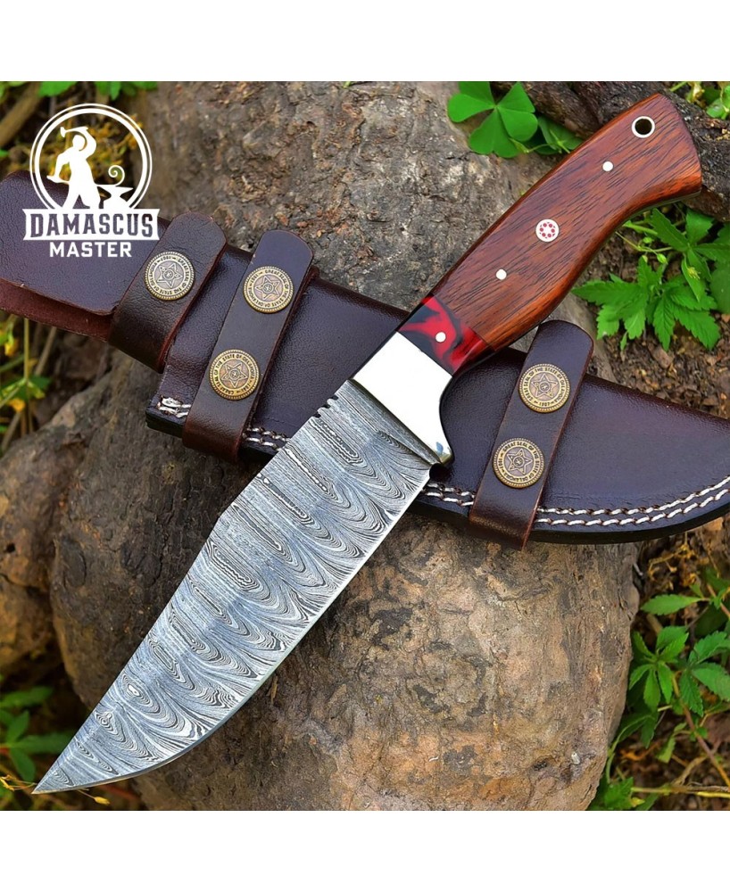 Handmade Damascus Steel Hunting Knife with Leather Sheath