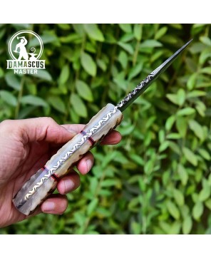 Handmade Damascus Steel Hunting Knife - Ram Horn Handle