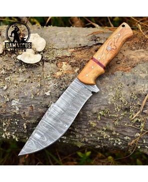 Handmade Damascus Steel Hunting Knife - Olive Wood Handle