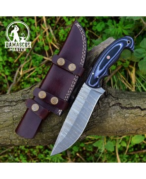 Handmade Damascus Hunting Knife - Micarta Handle, Leather Sheath