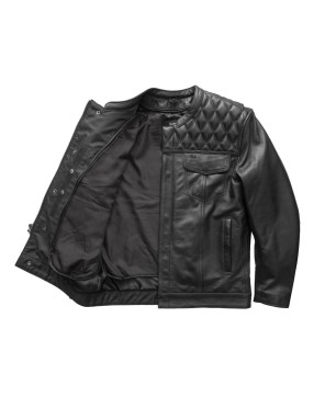 Cinder Men's Cafe Style Leather Jacket - Diamond Stitching & Pockets