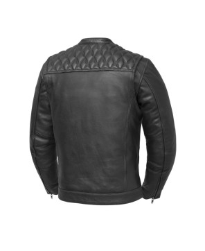 Cinder Men's Cafe Style Leather Jacket - Diamond Stitching & Pockets