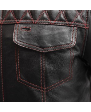 Cinder Men's Cafe Style Leather Jacket - Diamond Stitching & Pockets