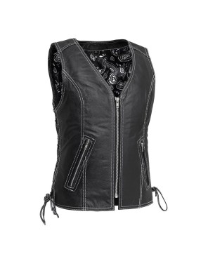 Cindy V-Neck Motorcycle Vest - Premium Cowhide, CE-2 Armor Pocket