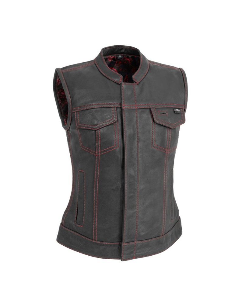 Women's Jessica Club Style Vest - Diamond Naked Cowhide, Red Stitching